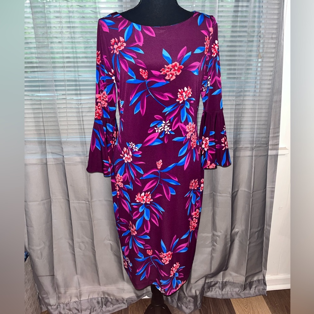 Calvin Klein Purple Blue Floral Bell Sleeve Sheath Midi Dress Women’s Size 8